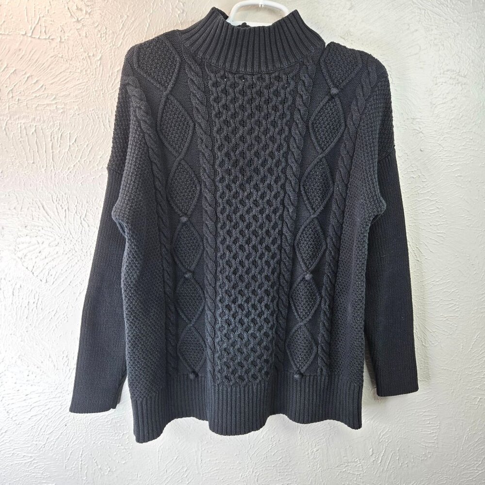 J. Crew Fisherman Sweater Women S Blue Mock Neck Preppy Chunky Cable Knit Cotton
